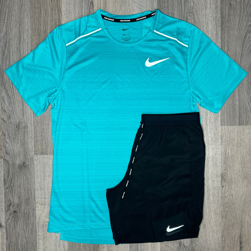 Nike Miler & Flex Stride Set - Tee & Shorts - Mineral Blue / Black