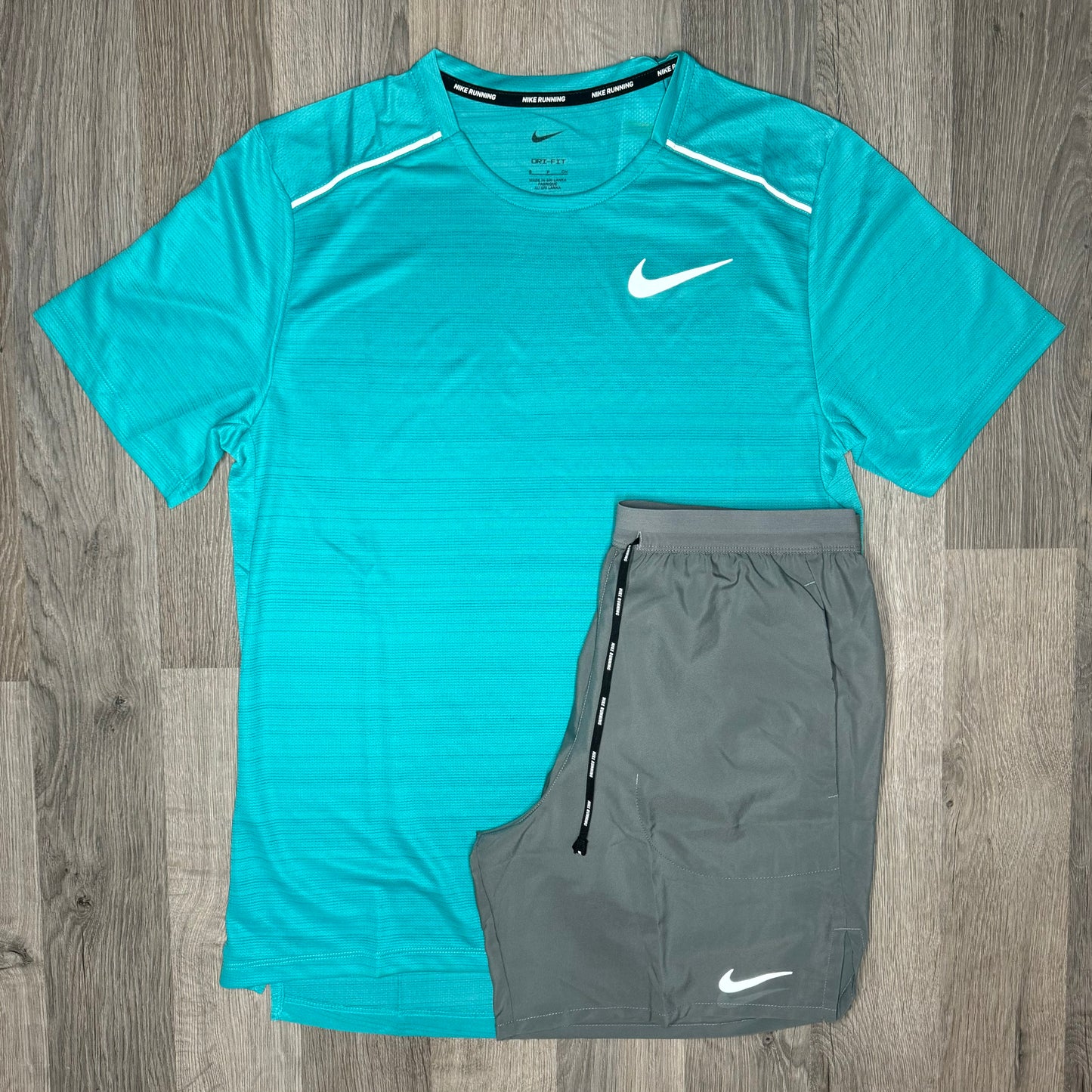 Nike Miler & Flex Stride Set - Tee & Shorts - Mineral Blue / Grey