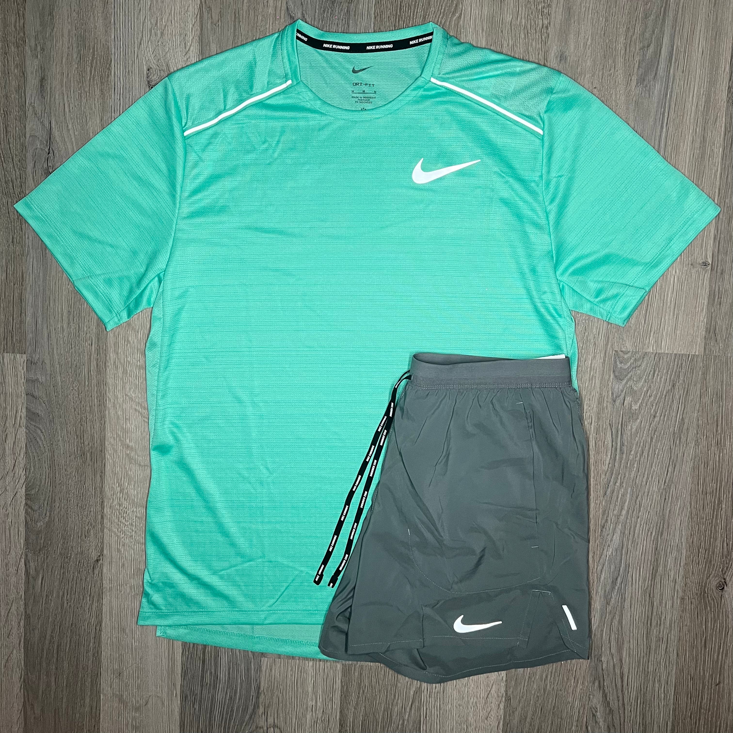 Nike Miler & Flex Stride Set - Tee & Shorts - Light Menta / Smoke Grey ...