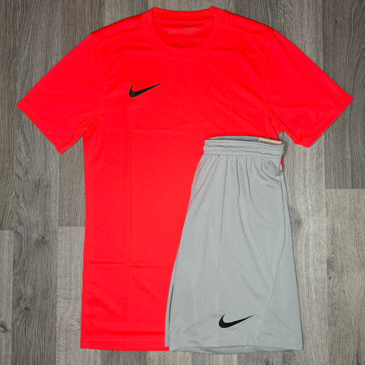 Nike Dri Fit Set - Tee & Shorts - Crimson Red / Grey