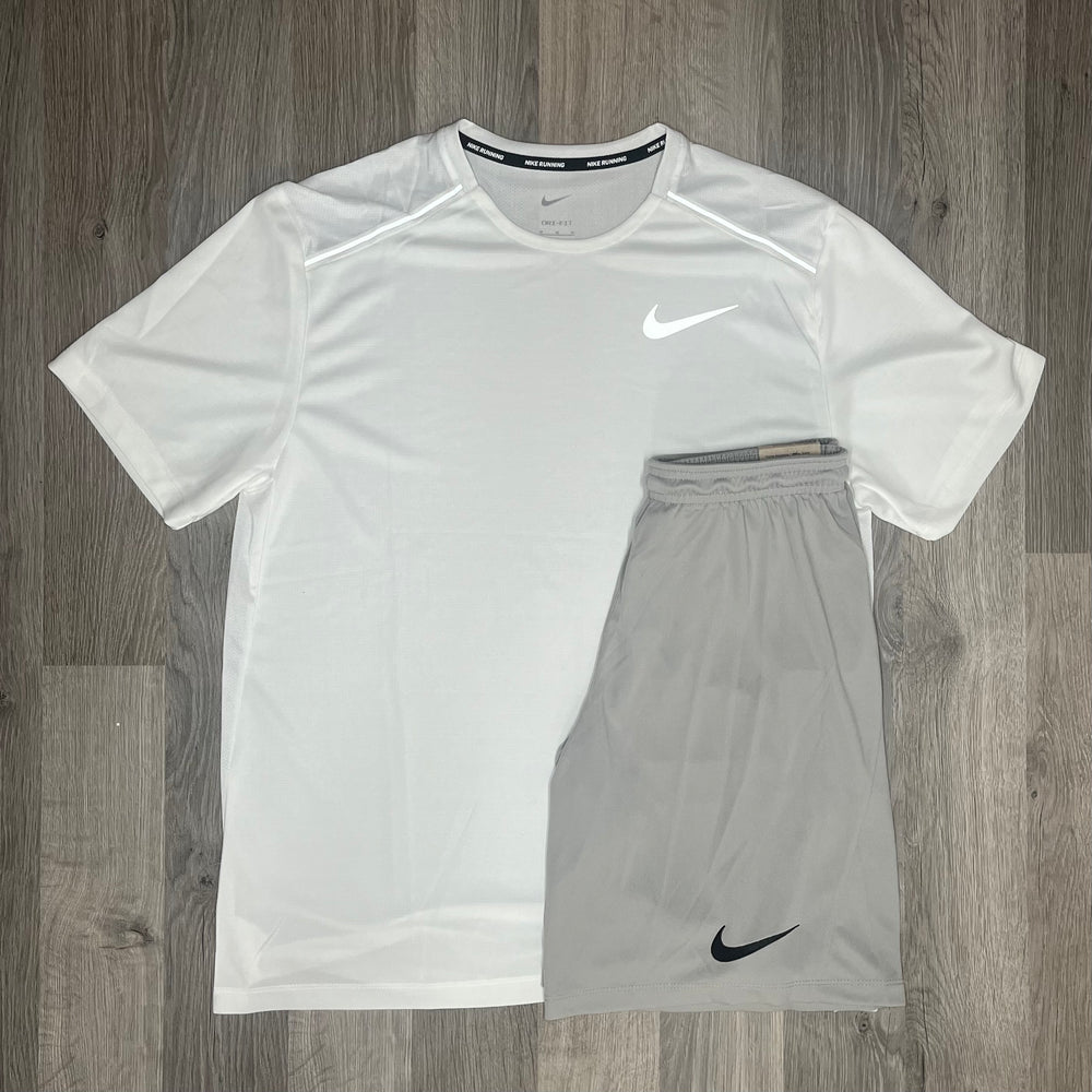 Nike Miler & Dri Fit Set - Tee & Shorts - White / Grey