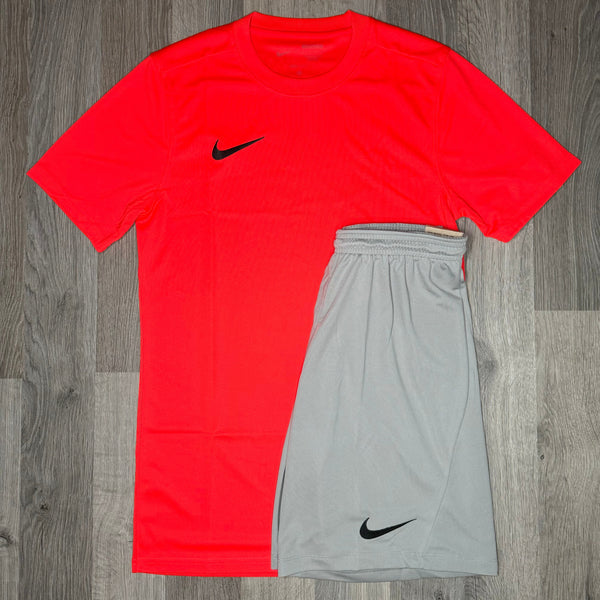 Nike Dri Fit Set - Tee & Shorts - Crimson Red / Grey (Junior)